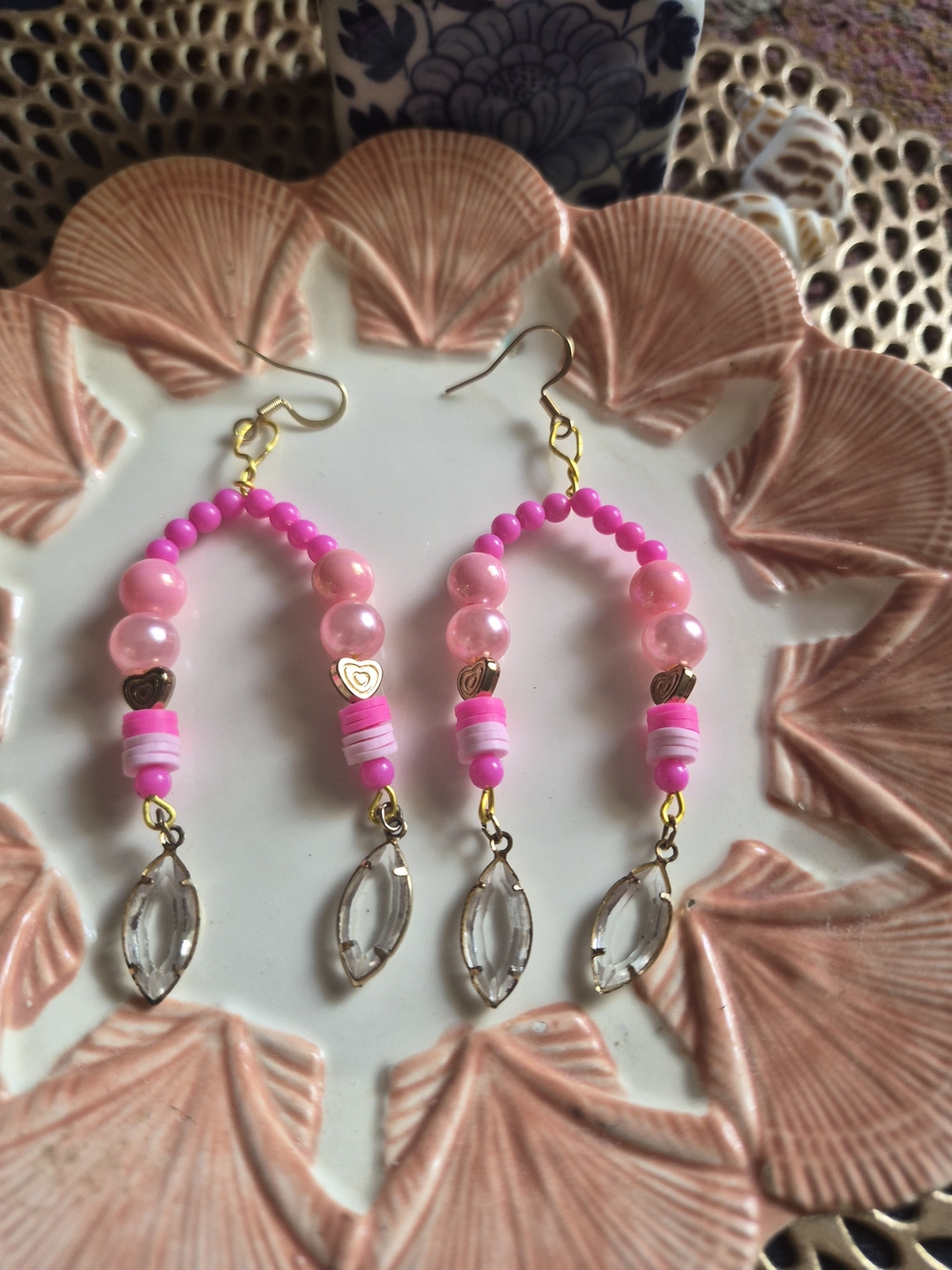 Pink Beaded Dangle Earrings with Clear Marquise Drops